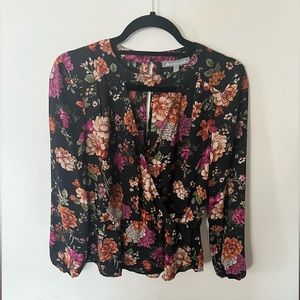 Daniel Rainn Long Sleeve Surplice Keyhole Neck Blouse  - S, Black & Floral